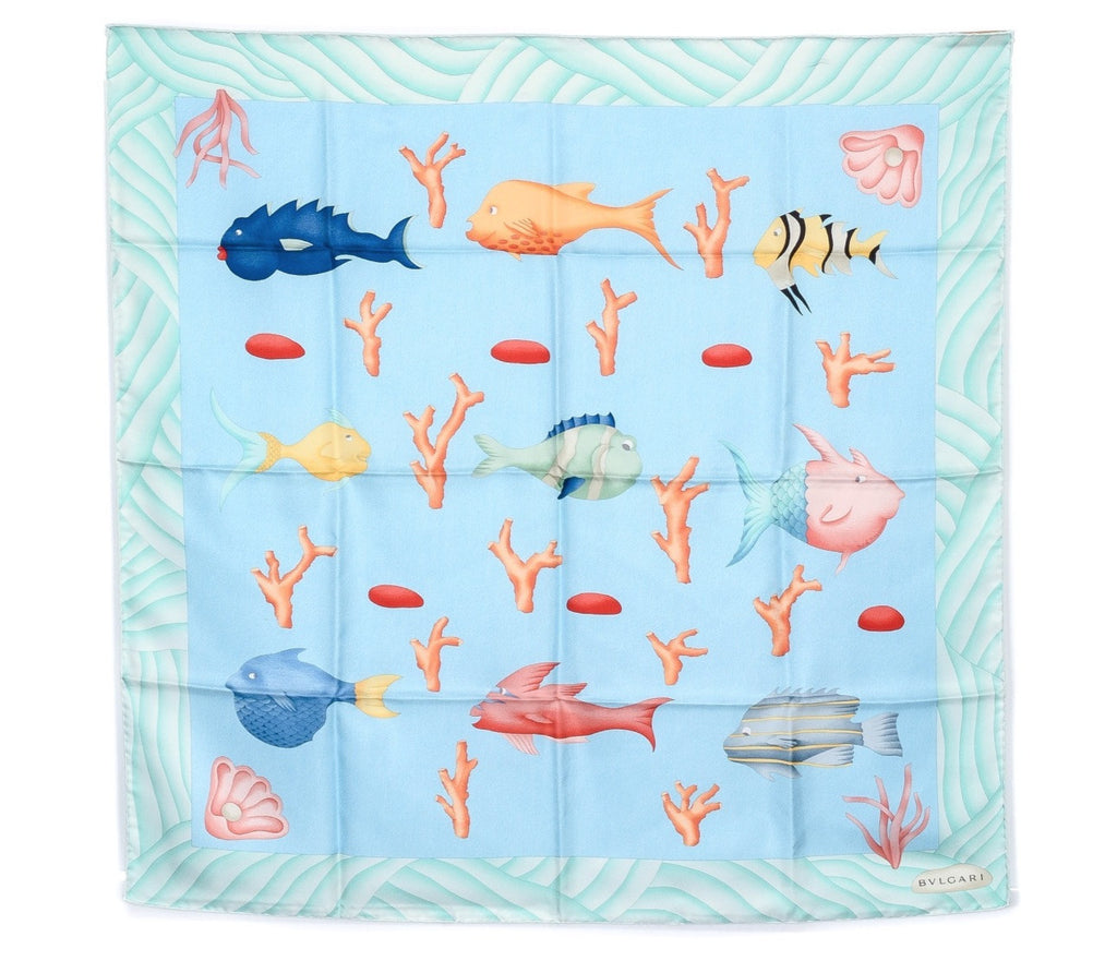 Bvlgari Pastel Blue Aquatic Life Silk Scarf