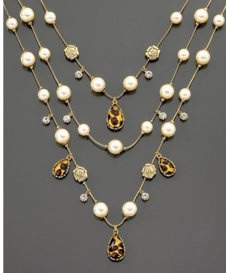 Betsey Johnson Leopard and Pearl Multi-Row Illusion Necklace
